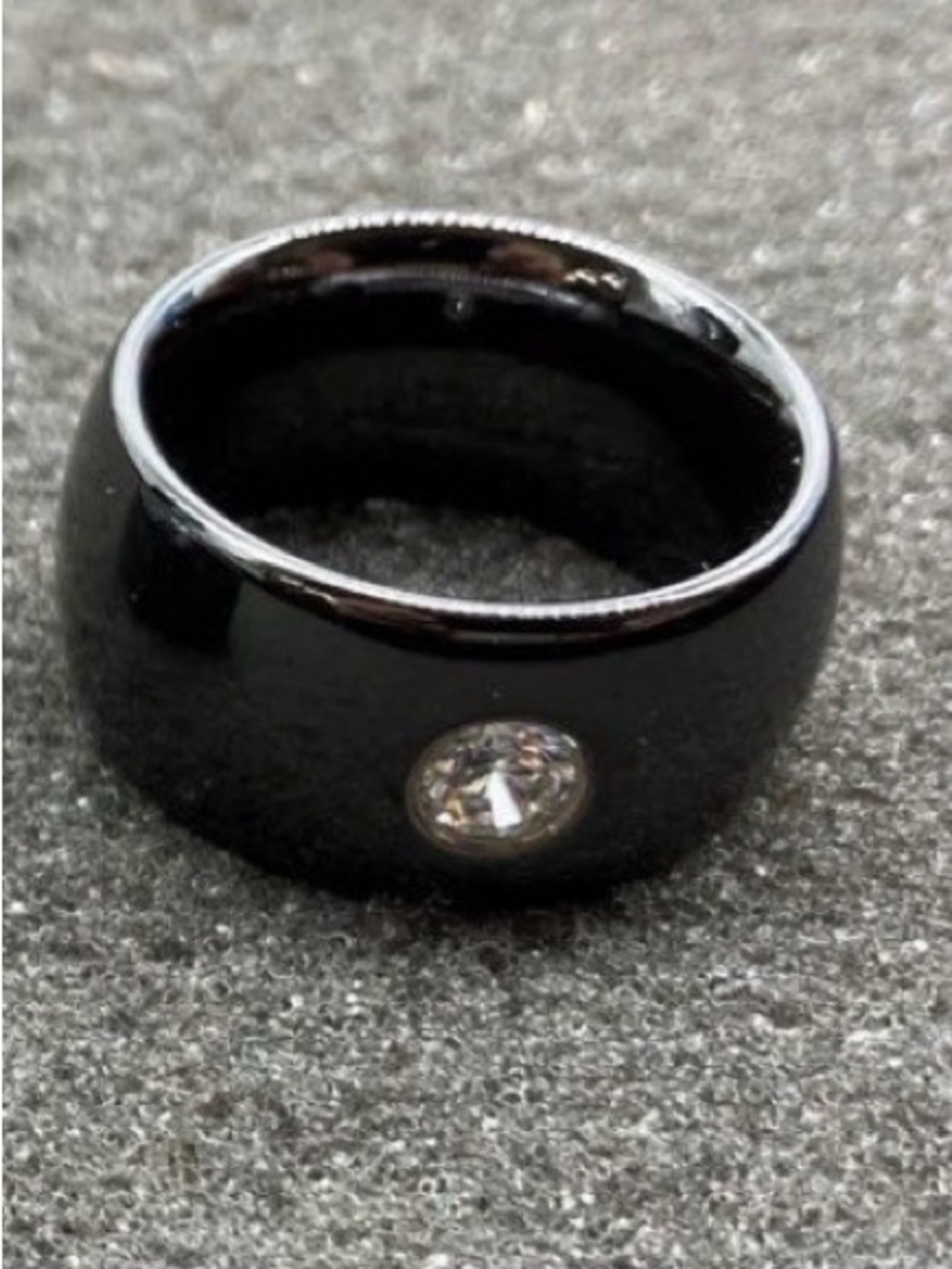 Black Ceramic Men's Dome Ring with Clear Stone Accent
